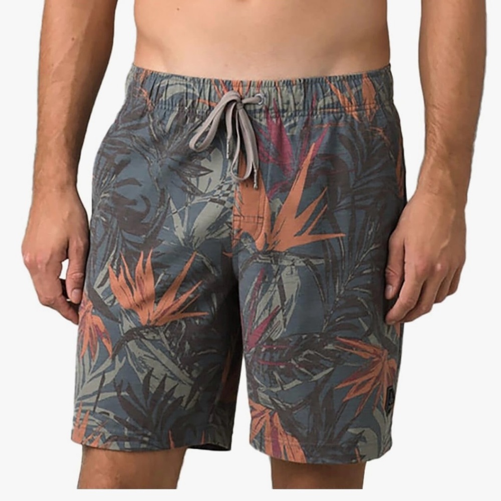 Prana Mens Metric E Waist Beach Shorts Balsam Tropics Small Board Shorts NWT New